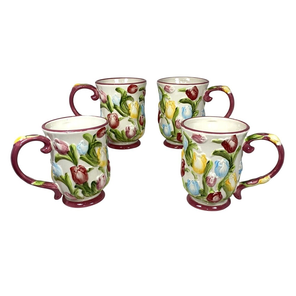 Temp-tations by Tara "Figural Flora" ‎ Tulip Mugs Spring Theme NO CHIPS Set of 4